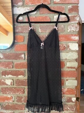 Black Lace Slip Nightdress with Pink Bow Details